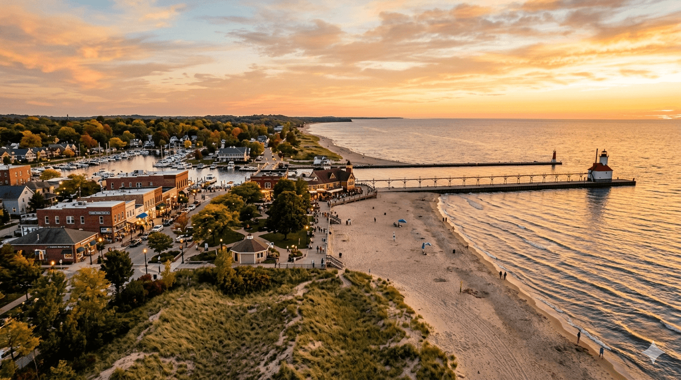 Lake Michigan beach town at sunset