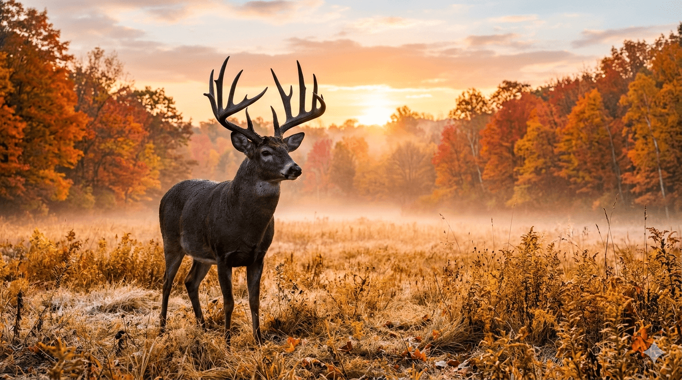Trophy whitetail buck in a golden Michigan field at dawn