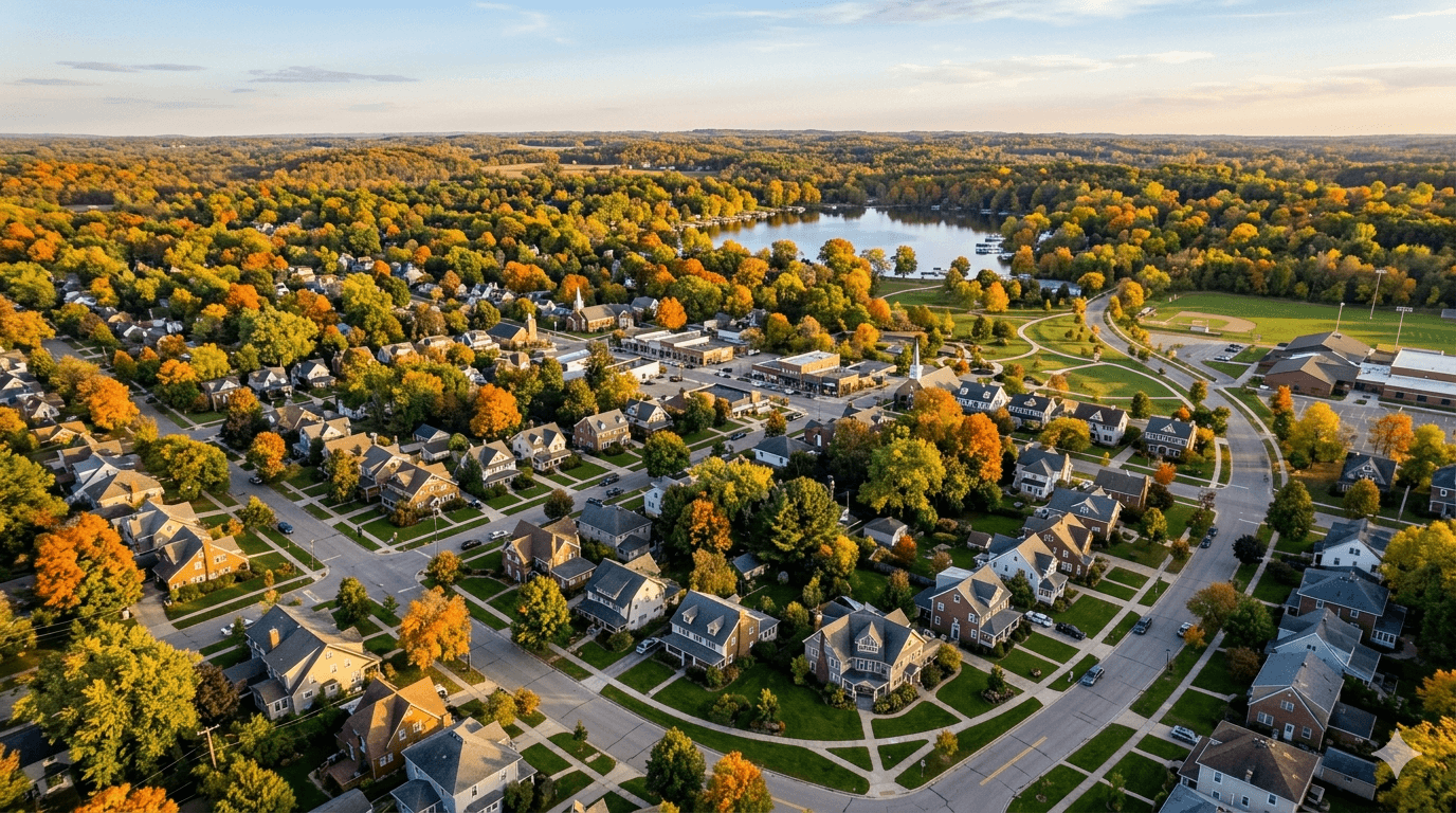 Aerial view of a Southwest Michigan neighborhood in autumn